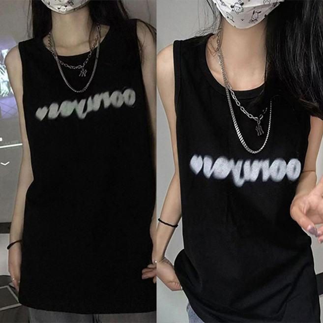 블랙 스포츠 나시 티셔츠 봄 가을 여름 나시티 캐주얼 상의 루즈핏 여성 박스티 여성나시티 레이어드티셔츠 WAWAMIYA