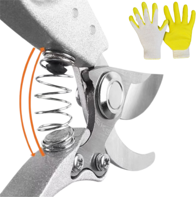 [ 가위명작 ] 일본디자인 전지 원예 고합금강 녹방지 가위 + 보호장갑, 1세트