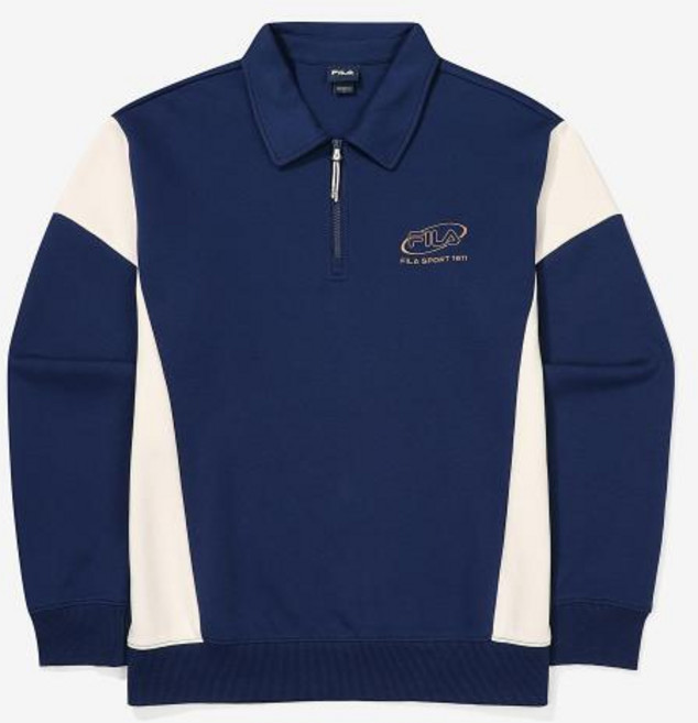 휠라 휠라 공식 컬러블럭 면혼방 카라 반집업 맨투맨 (FS2POF3107X_NAY)