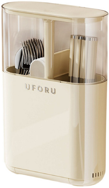 UFORU 廚房餐具瀝水架 壁掛式多格分類刀叉收納筒, 1個, 按壓升降筷子收納盒-奶油白