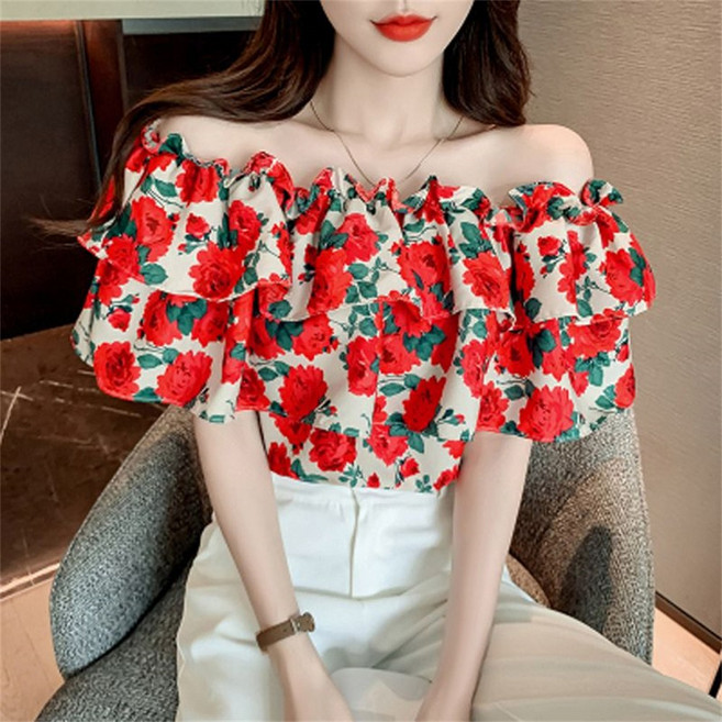 besteffie 여성 봄 여름 오프숄더 쉬폰 블라우스 플라워 프릴 블라우스 우아한 스타일 K97