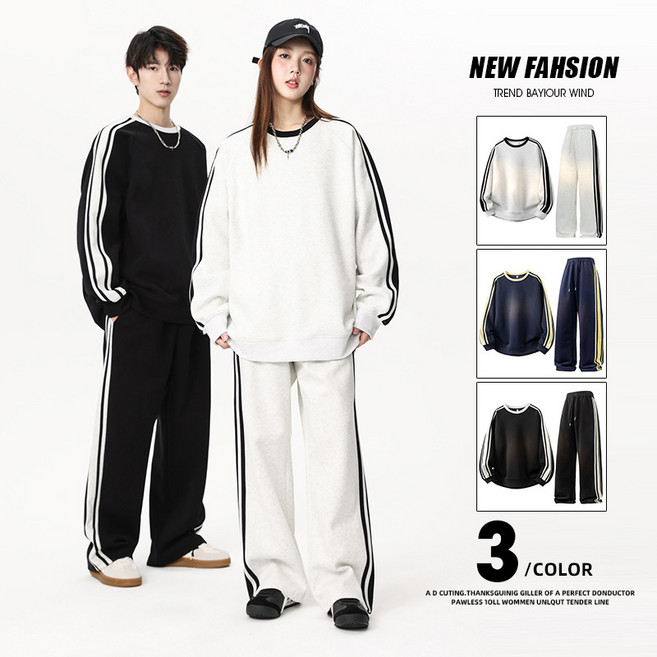 ANYOU 남녀공용 커플 트레이닝복 세트 루즈핏 스트라이프 봄가을 빅사이즈 캐주얼 운동복 상하 세트