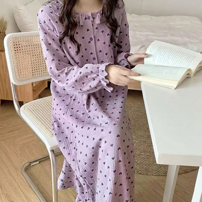 이너퀸 프리수 여성용 하트 프릴 단추 카라 빅사이즈 긴팔 롱 버튼 파자마 홈웨어 이지웨어 잠옷 원피스 하트퍼플원피스