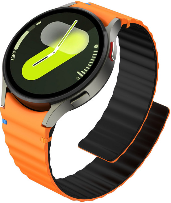 갤럭시워치4/5/6/7호환 실리콘 마그네틱 스트랩 컬러풀한 스티치 디자인, 오렌지/블랙