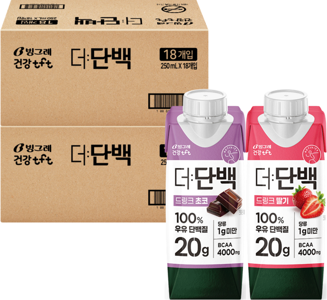 빙그레 더단백 드링크 프로틴음료 2종 혼합(초코18+딸기18) 총 36개, 초코18개+딸기18개, 250ml