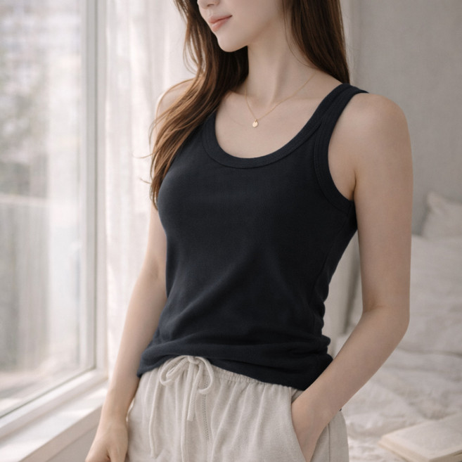 미브레 도톰한 골지 스퀘어넥 캡내장 민소매 나시 R타입