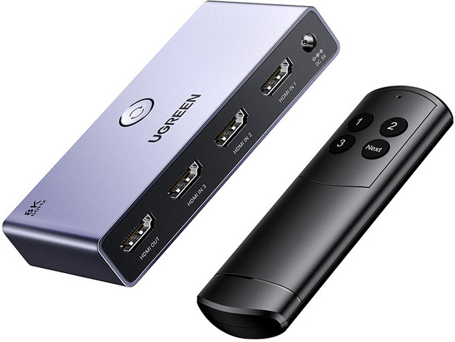 UGREEN 유그린 3:1 HDMI 2.1 선택기 8K UHD 셀렉터 240Hz 고주사율 3포트 입력 3D효과 PS5/4/3 Xbox 스위치 호환 알루미늄 케이스 리모컨 포함, Grey, 1개