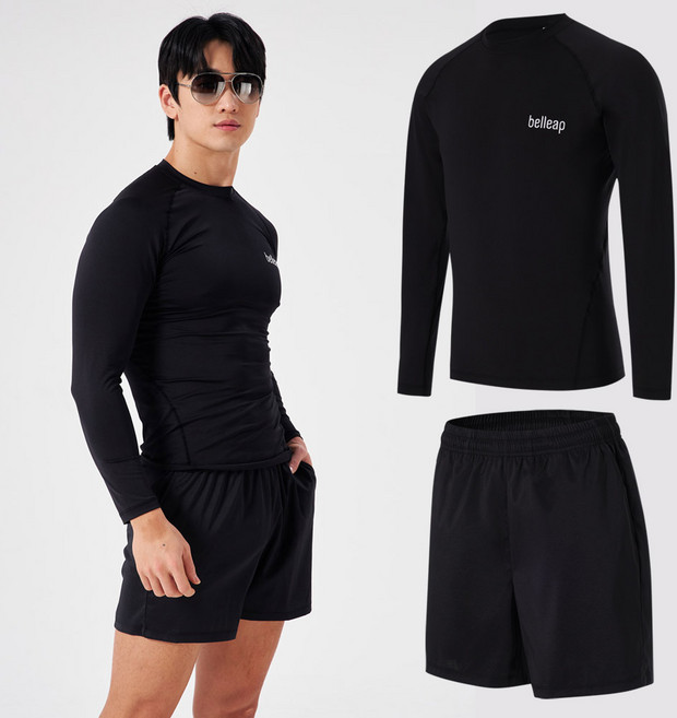 남자 머슬핏 긴팔 래쉬가드 상의 + 5부 보드숏 반바지 세트