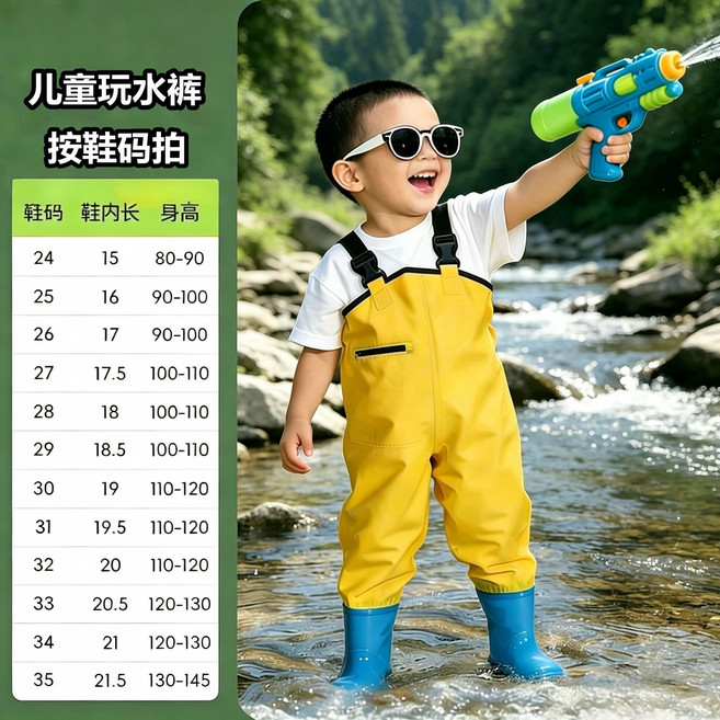 兒童玩水連體衣褲 下水褲 兒童雨衣雨鞋 玩沙水灘趕海服, 1個, 黃色【柔軟耐磨+升級加厚】兒童背帶褲24 碼-鞋內長15cm