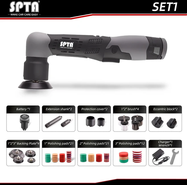 납품전문 SPTA 12V 무선 미니 자동차 폴리 셔 RO/DA 마이크로 스크래치 킬러 디테일 조정 속도 및 1 배터리, 1 battery set_220 볼트 230 볼트, 1) 1 battery set