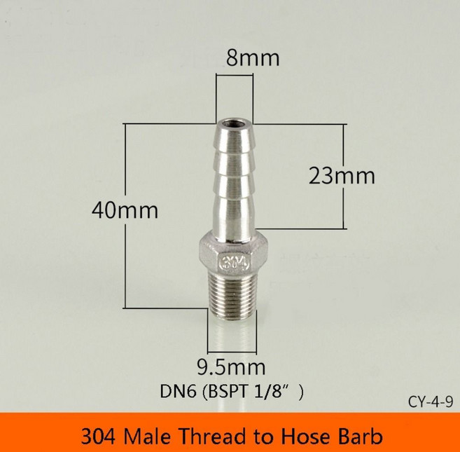 1PCS 304 스테인레스 6MM 튜브 BSPT 파이프 피팅 수나사 스틸 12MM PE 호스 커넥터 바브, 1 8 x 8mm, 1개