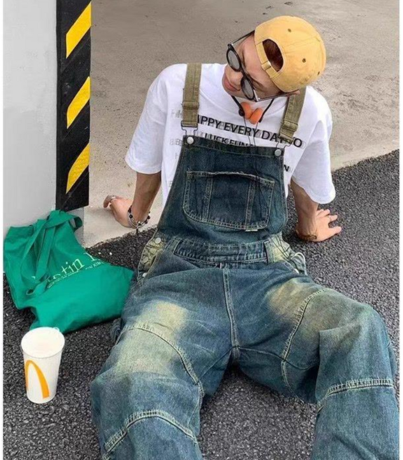 남성 워싱 스트레이트 멜빵 데님 팬츠 남자 루즈핏 멜빵 청바지 점프수트
