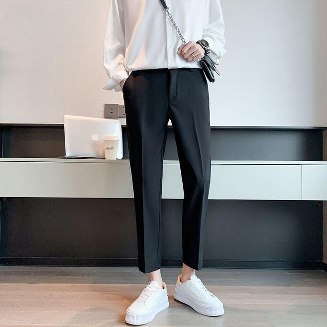 Comoon_Shop 素色錐形九分西裝褲男士 英倫風免燙窄管休閒褲