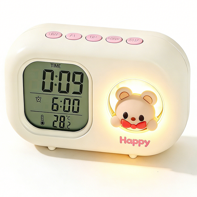 ZOZOFO 캐릭터 탁상시계 디지털시계 침대머리알람 데스크톱시계 디지털온도시계 전자알람 알람, 베이지