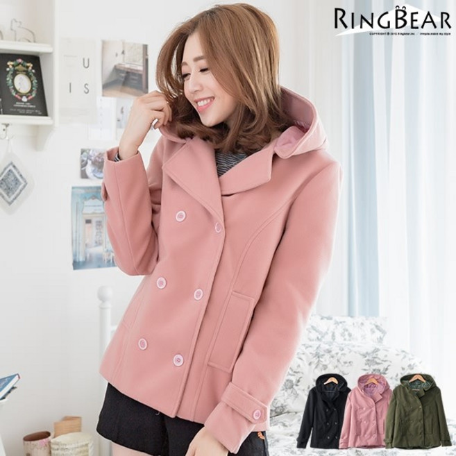 眼圈熊 中大尺碼 J211 英倫風雙排釦縮腰袖環帶連帽毛呢外套