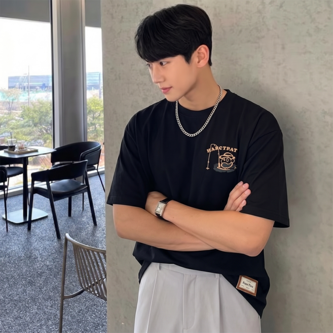 스타일닥터 반팔 티셔츠 남녀공용 특양면 오버핏 낚시 캐릭터 자수 프린트 데일리 라운드넥 반팔