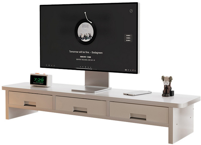 2단 수납형 모니터 받침대 3칸서랍 와이드 선반, 화이트