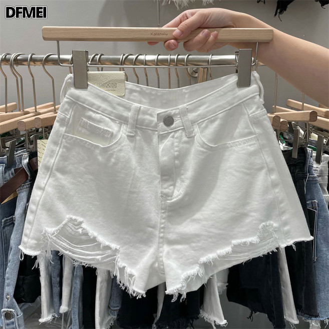 DFMEI 毛邊牛仔短褲女網紅ins風新款大碼胖mm寬鬆韓版a字型破洞熱褲子夏