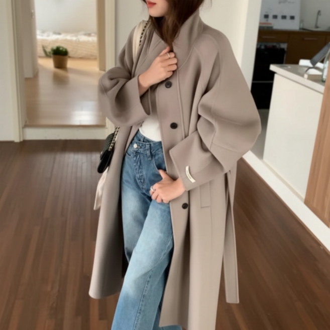 유니크코코 하이넥 핸드메이드 울 100 롱 코트 오버핏 ot5825