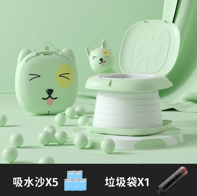 多樂橙 兒童行動式坐便器 附便攜袋 吸水沙 垃圾袋, 清新綠 配1個便攜袋 5包吸水沙 1卷垃圾袋