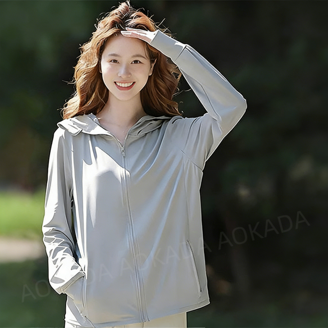 AOKADA 여성 쿨링 아이스 자외선차단 여름 바람막이 후드 집업 경량 냉감 스판 비치웨어 래쉬가드, 라이트그레이