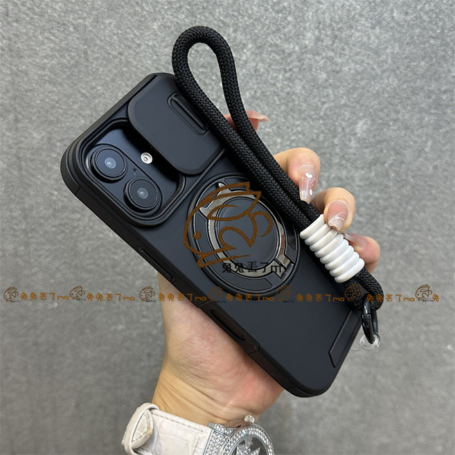 Rabbit Technology 全包鏡頭 推窗保護 附贈防脫手繩 適用iPhone防摔殼, 黑色+掛繩,13promax, 1個