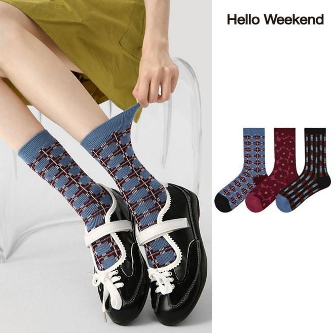 Hello Weekend 여성 배색 봄여름 양말 중목 양말 장목 양말 중목 양말 운동 패션 순면 양말 3족 세트