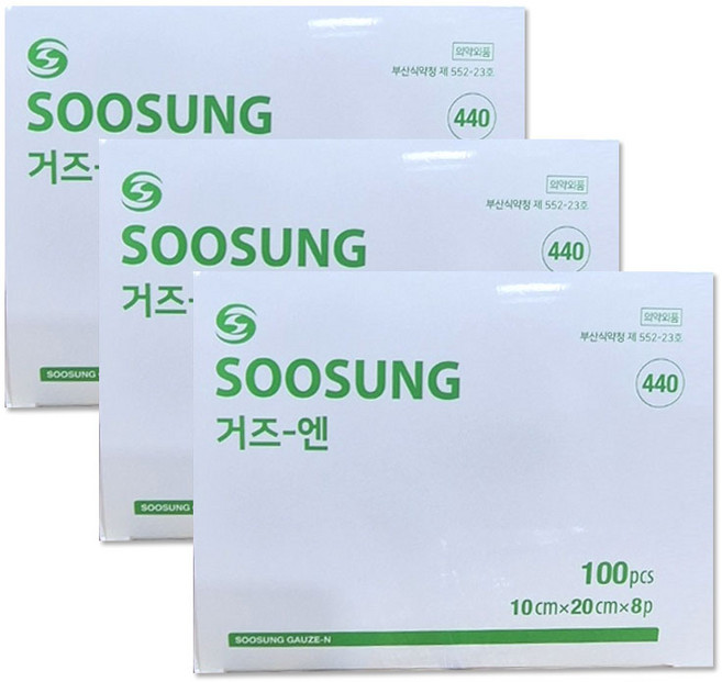 수성 거즈-엔 접은거즈 10cm x 20cm 8겹 소독거즈 드레싱, 3개, 100개입