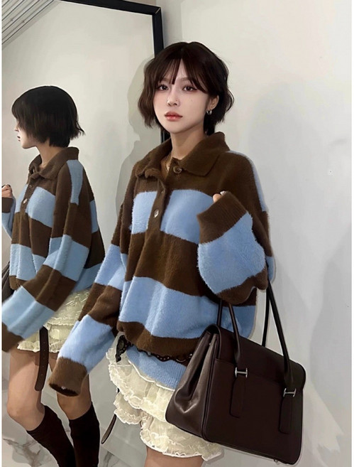 투니스 여성 빈티지 루즈핏 스트라이프 배색 니트 스웨터