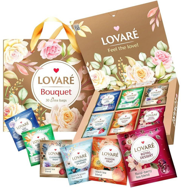 Lovare 우크라이나산 티 컬렉션 세트 - 블랙 앤 그린 과일 라벤더 허브 복숭아 모듬 티 샘플러 - 다양한 티 패킷 - 맛있는 차 애호가를 위한 선물 상자 - 90개, 30 bags - 6 tastes, 1개