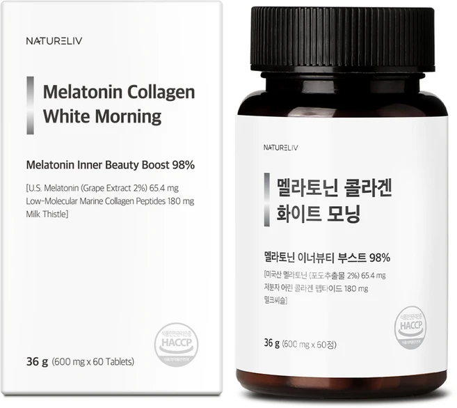 네이쳐리브 미국산 식물성 멜라토닌 피부케어 콜라겐 화이트모닝 이너뷰티, 1개, 60정 - 쿠팡