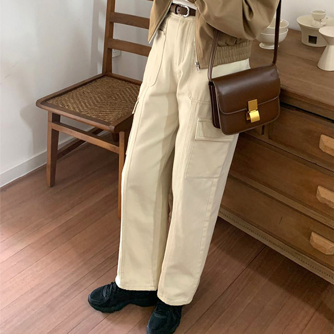 네모엔룩 여성용 코튼카고 뉴트로 빈티지 건빵 빅포켓 면 일자핏 와이드 통 팬츠 NL