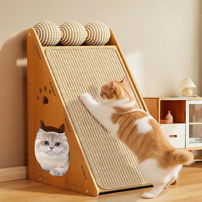 PETTOO 먼지없는 대형 수직 고양이 스크래쳐 원목 숨숨집, 1개, 노란색