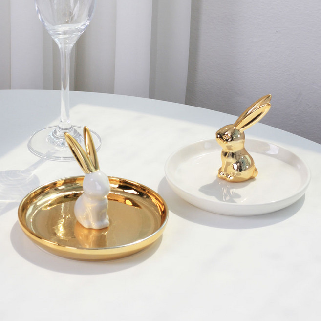 골드 황금 토끼 악세사리 쥬얼리 소품 트레이 팔찌 반지 걸이 거치대, 흰색트레이, 1개