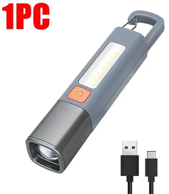 미니 휴대용 LED 손전등 USB 충전식 조명 후크 줌 가능 토치 야외 캠핑 하이킹 장거리 비상 랜턴, 1 PCS
