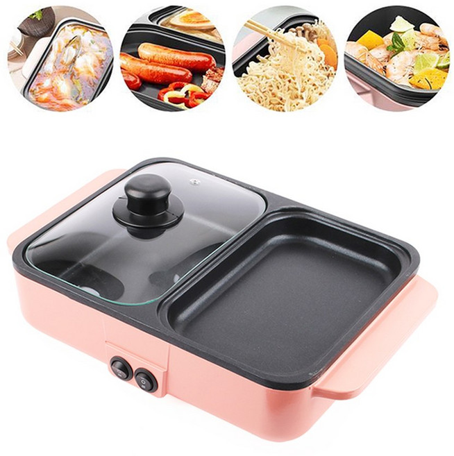 다기능 전기 밥솥 팬케이크 냄비 철판 프라이팬 베이킹 오븐 바베큐 파이 로스터 스토브 그릴 크레페 계란 오믈렛, Voltage 110V, Key Button Pink