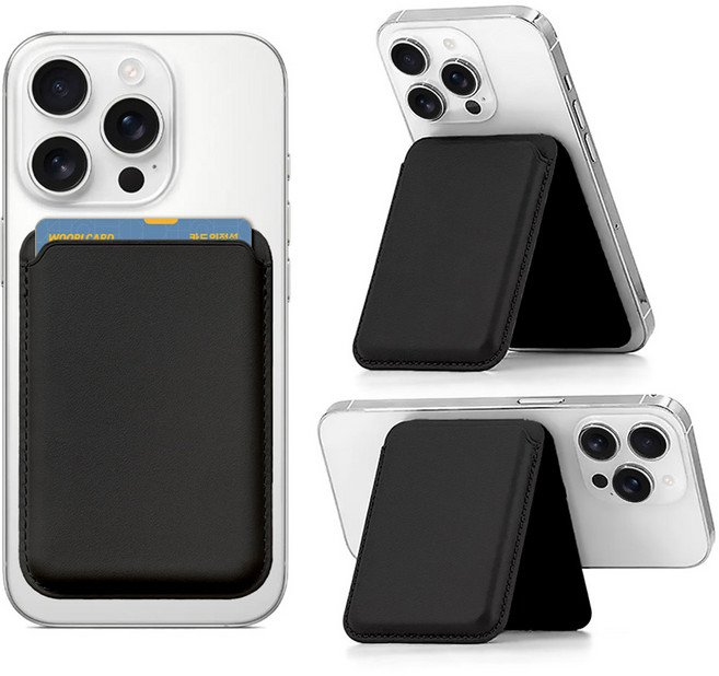 뷰씨 맥세이프 자력 2배 카드 3장 수납 가죽 카드지갑 거치대, 1개, 블랙