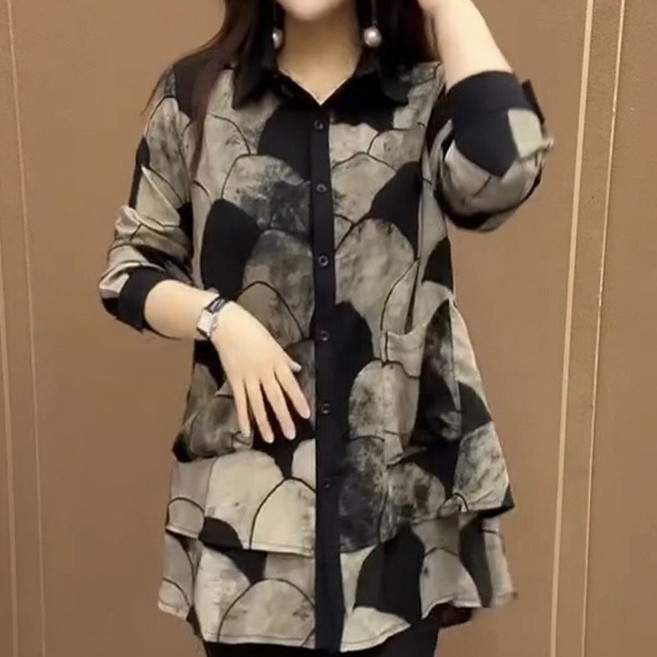 6XL까지 빅사이즈 여성 프린트 긴팔 쉬폰 블라우스 데일리 간절기 봄 여름 롱셔츠 카디건 아우터