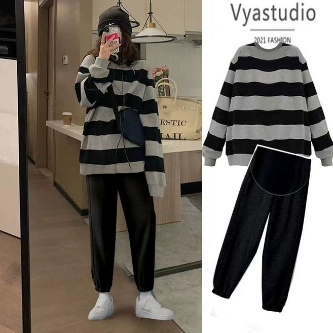 봄 가을 임산부 세트 캐주얼 임부복 기질 임부 스트라이프 라운드 맨투맨 + 하이웨이스트 조거 트레이닝 팬츠 상하 투피스 세트 LPC