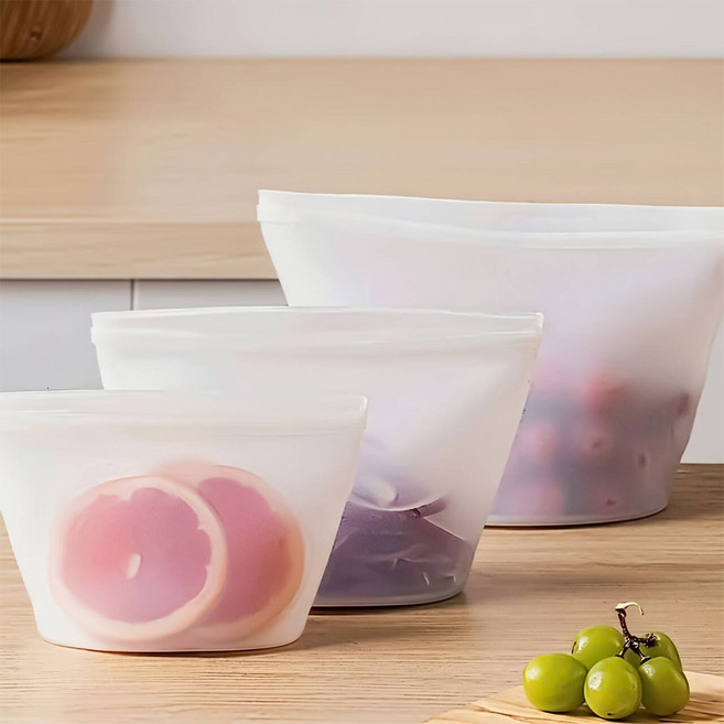 투데이리빙 3개입 세트 프리미엄 실리콘 지퍼백 다회용 3종 밀폐 용기 500 1000 1500 다용도 스탠드 실리콘백 냉장고 정리 스탠딩 저장팩 전자렌지 전자레인지 사용 가능, 3개