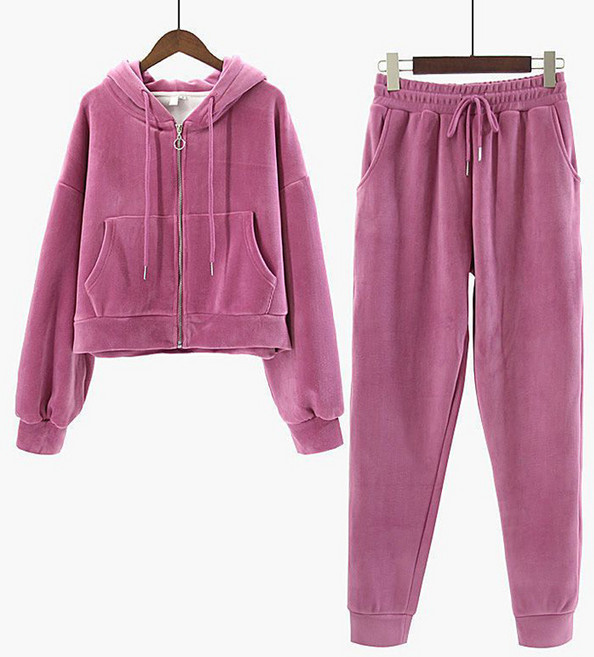 JUSTFEELING 80kg까지 빅사이즈 골드벨벳 후드집업 운동복 자켓 + 밴딩 운동조거팬츠 데일리룩 기모 트레이닝복 상하의세트 투피스