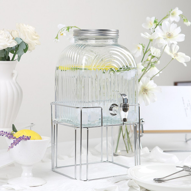 크린리빙 실버 아치형 주스 대용량 음료 디스펜서 카페 유리 물병 3L, 1개