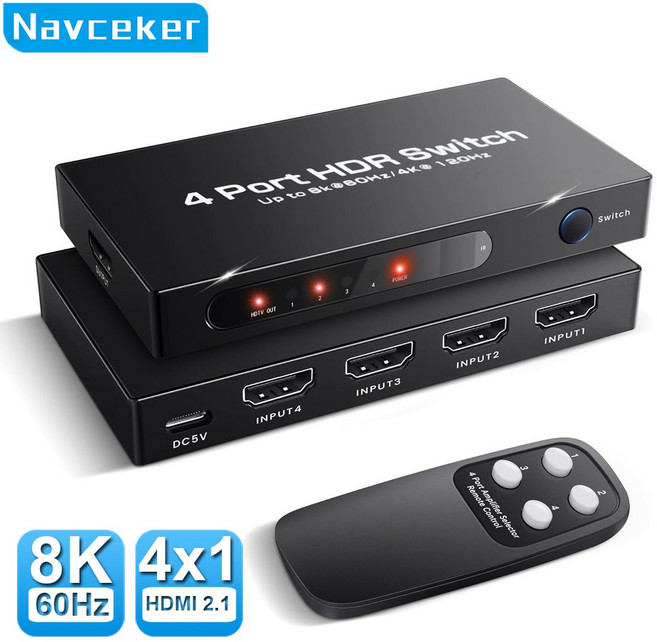 Navceker HDMI 2.1 스위처 Xbox PS5 모니터용 리모컨 컨버터 포함 HDMI 호환 스위치 8K 60Hz 4K 120Hz 4 in 1 Out, ZY-AQ8-4, 1개