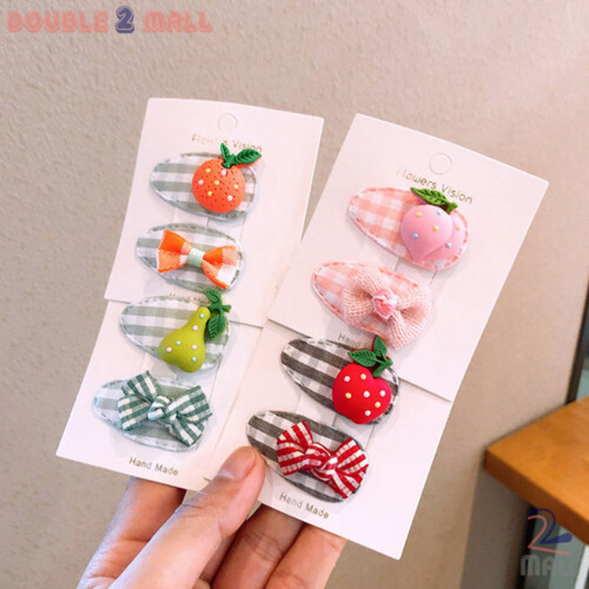 여아 베이비 캐릭터 과일 체크무늬 똑딱이 미니 머리핀 2종 세트