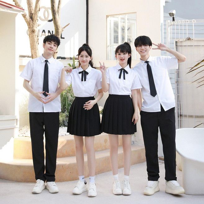 대만교복 일본 하이틴 코스프레 학생복 반팔 남성 반팔 셔츠 + 블랙 긴 바지 + 타이 XS