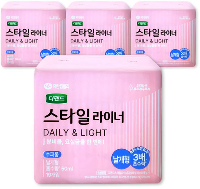 디펜드 스타일 라이너 데일리 수퍼롱 날개형, 슈퍼롱, 19개입, 4세트