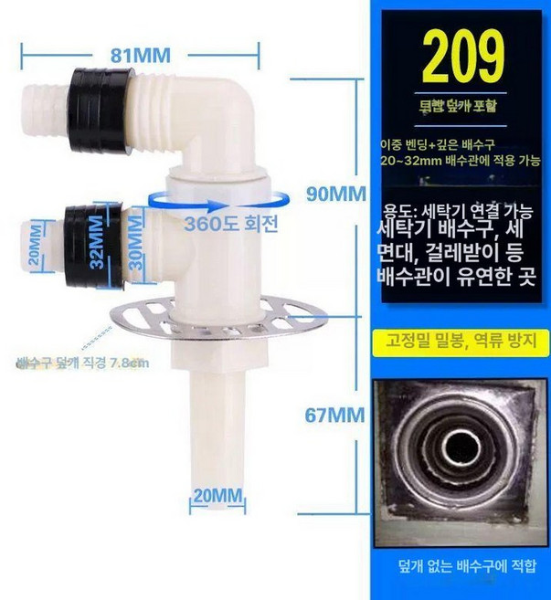 세탁기 배수구 연결캡 2커넥터 덮개 정리 하수구 트랩, 더블 곡선 + 배수구 뚜껑 + 깊은수조 접합부 / 2개