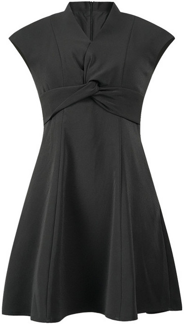 【小個子顯高】小黑裙 連衣裙 赫本風 法式連衣裙 收腰連衣裙 V領連衣裙 扭結設計 收腰顯瘦 法式復古 夏季約會通勤, 黑色