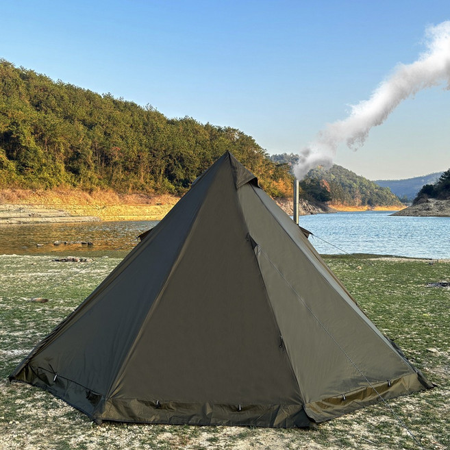 탑 랜더 2-4인용 겨울 캠핑 내화성 티피텐트 스토브 연통구멍 스노우스커트 차박 감성캠핑, 올리브 그린