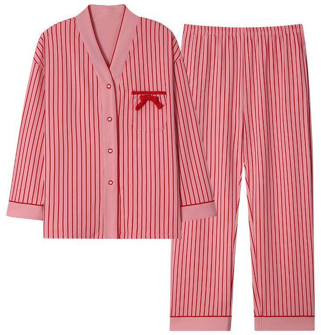 봄 가을 여성 긴팔 잠옷 세트 긴팔 브이넥 카디건 긴바지 스트라이프 홈웨어 상하의 세트 YCY